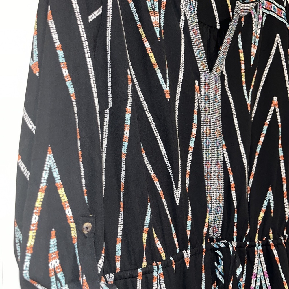 Signature Studio Geometric Tribal Print V-Neck Dress Black XL Boho Tassel Tie - Picture 5 of 10